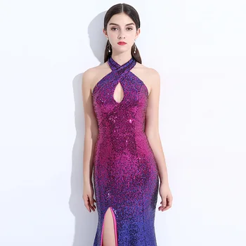 

Charming Gradient Mermaid Long Evening Dresses Sequined High Split Mother of The Bride Dresses For Weddings Sweep Train