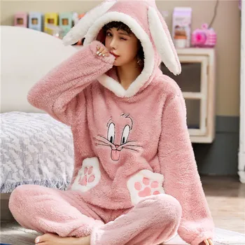 

Winter Flannel Pajamas Women Round Neck Two-piece Set Thick Plush Cartoon Hooded Coral Fleece Home Clothes Can Be Wear Outside