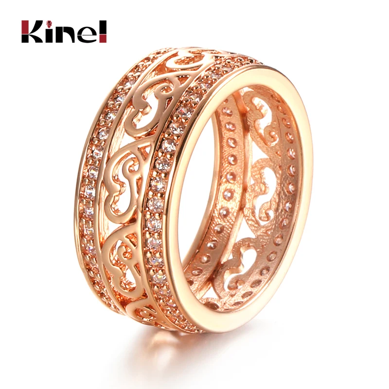 

Kinel New Arrivals 585 Rose Gold Ring Double Row Micro-wax Inlay Natural Zircon Hollow Rings Women Wedding Party Fine Jewelry