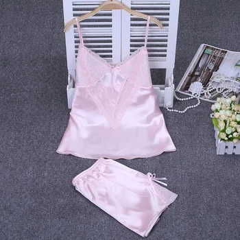 

New Women Pajamas Set Elegant Lace Satin Spaghetti Strap Clothes Summer Sleepwear Top + Shorts Pajamas Set