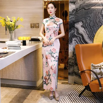 

Oversize 3XL 4XL Summer Vintage Short Sleeve Cheongsam Sexy Women Formal Long Dress Print Flower Rayon Qipao