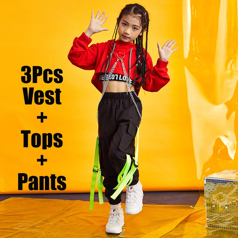 Детские танцевальные костюмы для джаза, топы с длинными рукавами, штаны, одежда в стиле хип-хоп, одежда для девочек для бальных танцев, сценических выступлений, DNV11077 - Цвет: 3Pcs