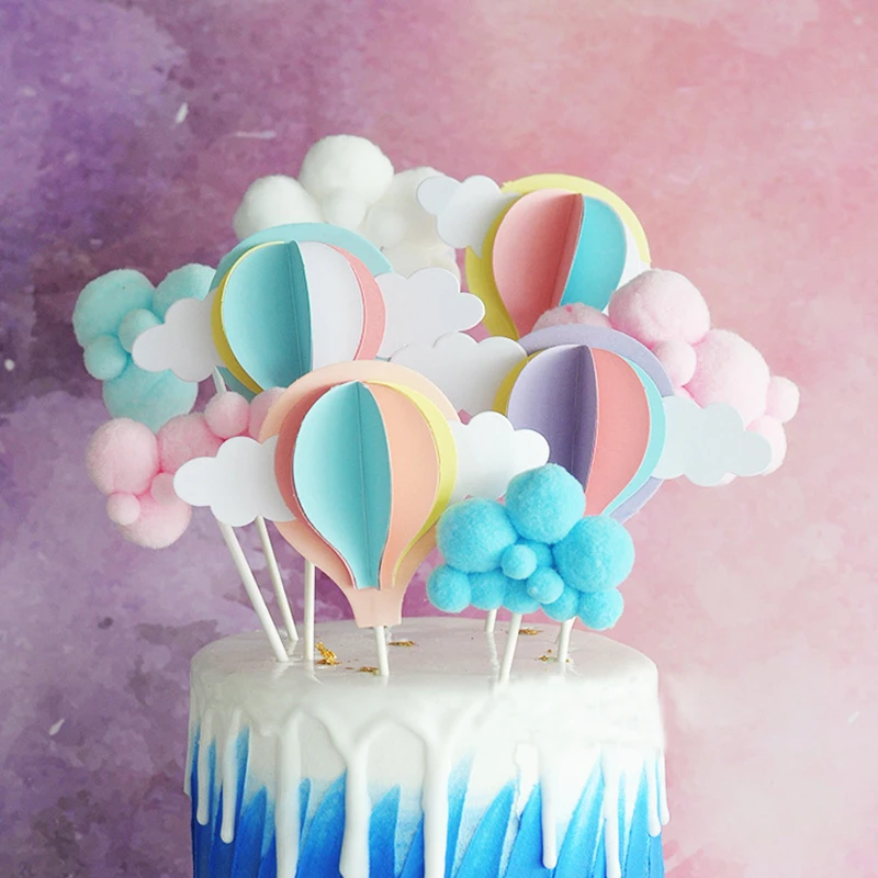 

Hot Air Balloon Cake Topper Cloud Cake Flags Birthday Kids Favors Cake Decoration Cupcake Topper for Wedding Dessert Table Decor