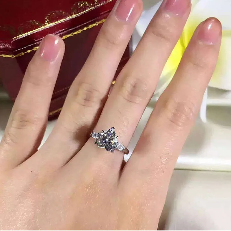 Обручальное кольцо с бриллиантами для женщин, ювелирное изделие DF, цвет 2CT, сердце, блестящая огранка, боковое, багет, Муассанит, кольцо из стерлингового серебра