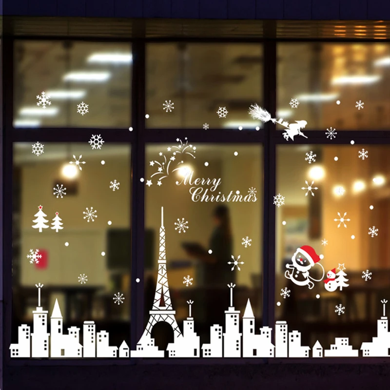 Веселые рождественские наклейки на стену, окно, стеклянная витрина магазина, украшение, съемные белые фрески, фильмы, здание, башня, наклейки - Цвет: white christmas