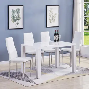 

GOLDFAN High Gloss Dining Table and Chairs Set 4 People PU Leather Seats Morden Dining Room Set,White [Energy Class A++]