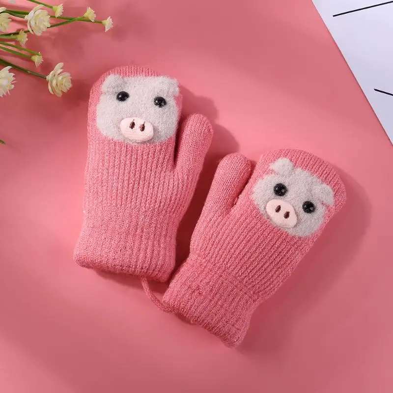 Новые милые детские перчатки с рисунком свинки из мультфильма для детей 0-3 лет, зимние шерстяные теплые вязаные перчатки для мальчиков и девочек