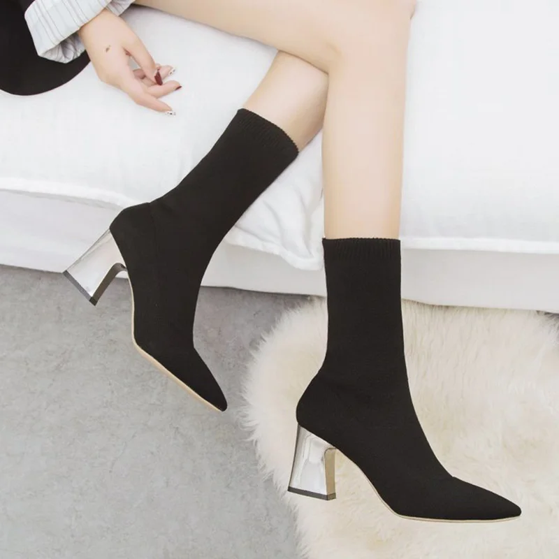 Новинка года; сезон осень-зима; короткие сапоги с острым носком на толстом каблуке; Модные женские носки на высоком каблуке; сапоги на тонком каблуке; эластичные сапоги - Цвет: black
