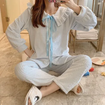 

princess style Women's pajamas Winter new Japanese and Korean thickened cut mink VELVET LACE BOW women's home set