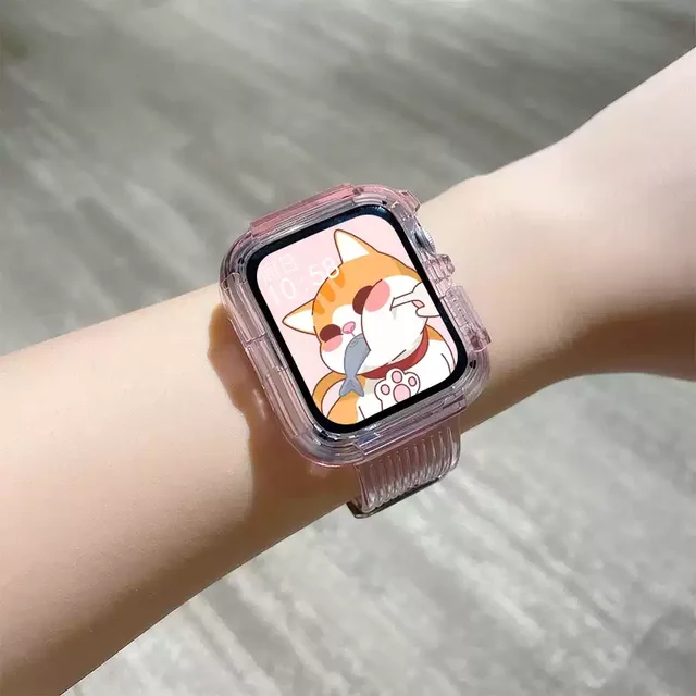 Newest Clear Band + Case for Apple Watch Series 7 6 SE 5 4 44mm 42mmTransparent for iwatch Strap 3 2 1  38mm 40mm Plastic Strap INS Purple