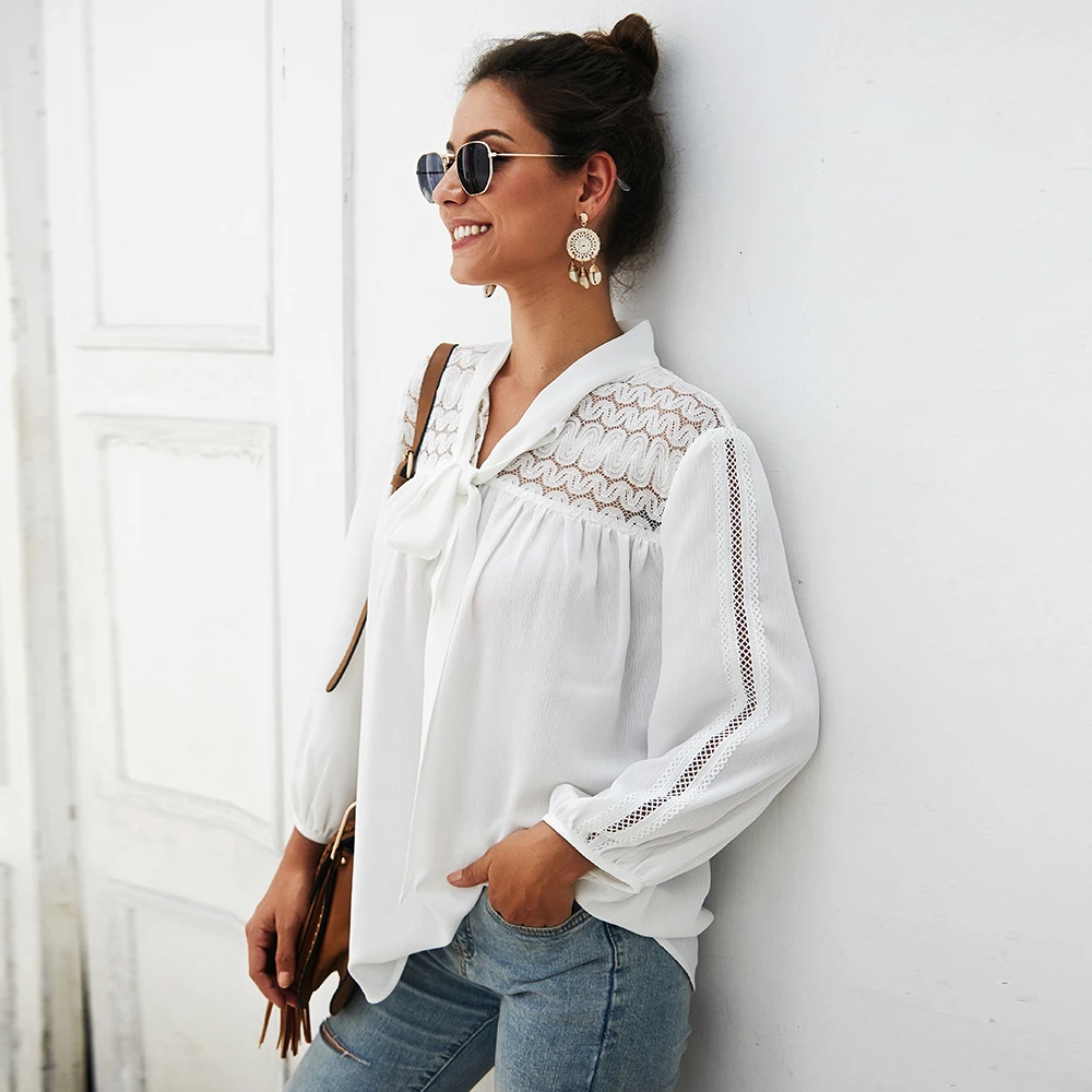 

New Fashion V Neck Long Sleeve Ladies Shirt Casual Office Lace Top Spring Summer White Blouse Women Blusas Verano Mujer 2020