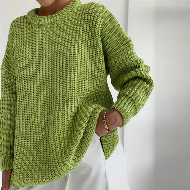 Women Solid Knitted Thickening Oversized Sweater Female Round Neck Long Sleeve Casual Loose Pullovers Top 2021 Autumn Winter Light Green