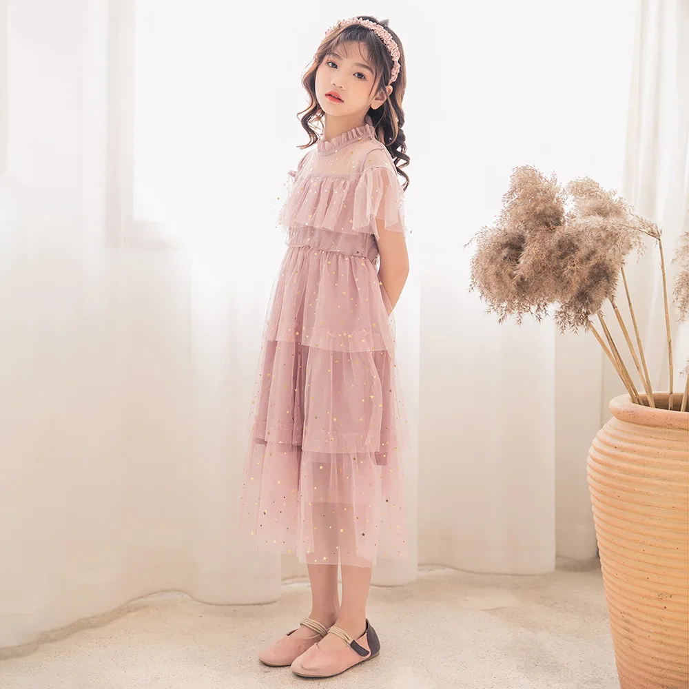 Kids Summer Mesh Dresses for Girls Korean Children's Star Princess Dress Short Sleeve Birthday Party Gown Costume 6 8 10 12 Year girls dress