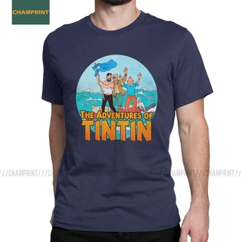 

The Adventures Of Tintin T-Shirt for Men Herge Comic Snowy Haddock Captain Dog Cotton Tee Shirt Short Sleeve T Shirt Plus Size