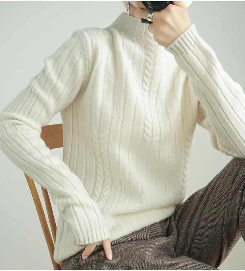 Шерсть осенне-зимний женский вязаный свитер Пуловеры полуворотник свитер сплошной цвет эластичный свитер с петельками женские топы