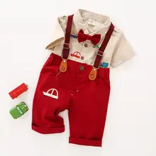Ensemble d'été pour garçon avec chemise à manches courtes et salopette, tenue deux pièces avec nœud imprimé, vêtements pour enfants sauvages, nouvelle collection