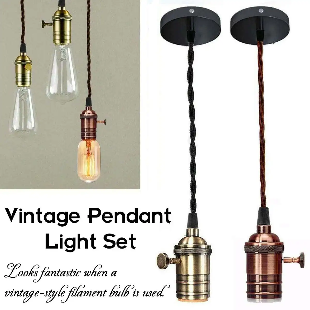 Vintage Retro Light Screw Base Pendant Bulb Socket With Switch E27 Lamp Holder