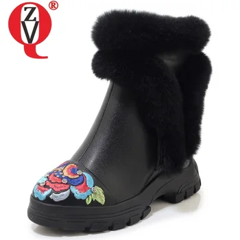 

ZVQ winter new warm snow boots outside high heels platform embroider zip women boots genuine leather women shoes drop shipping