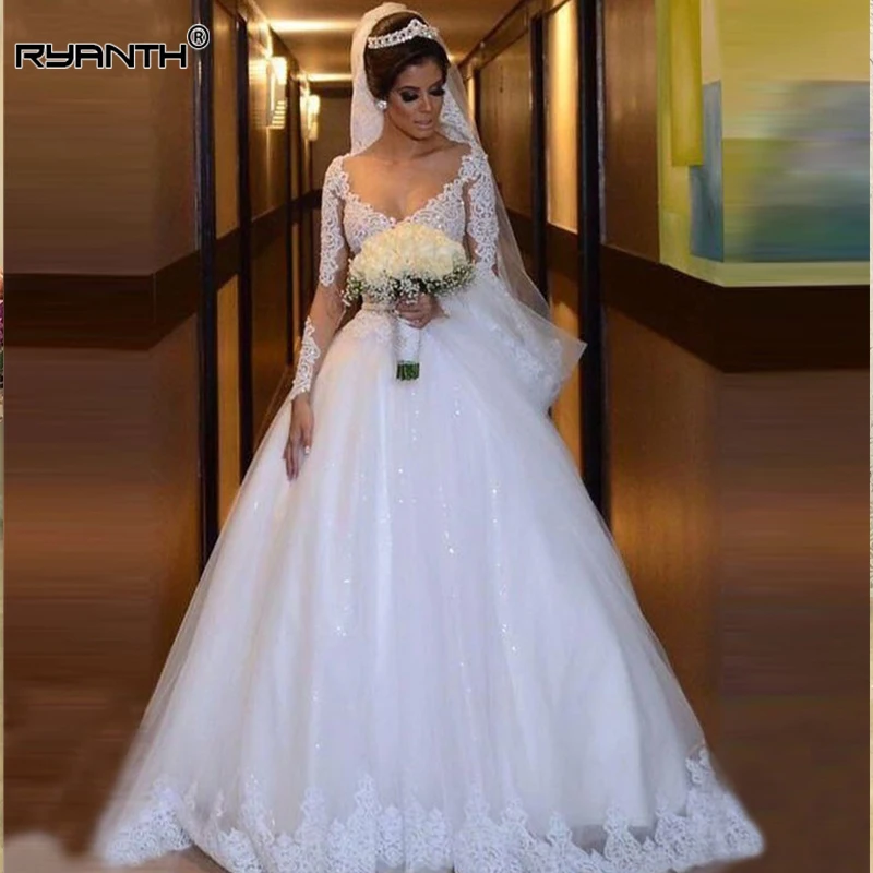 

Vestido de noiva Sexy Sheer Illusion Long Sleeves Lace Wedding Dress 2019 Luxury O Neck Ball Gown Princess Robe de mariage