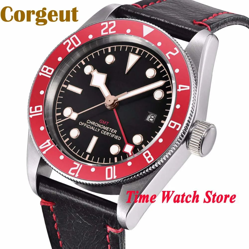 Corgeut 41 мм GMT автоматические наручные мужские часы с сапфировым стеклом черный стерильный циферблат Светящийся красный ободок кожаный ремешок cor112