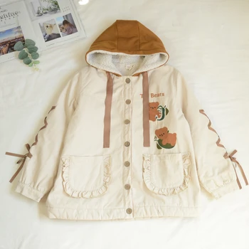 

Japanese college style sweet lolita coat cute embroidery cross bandage hooded kawaii coat plus velvet thicken gothic lolita coat