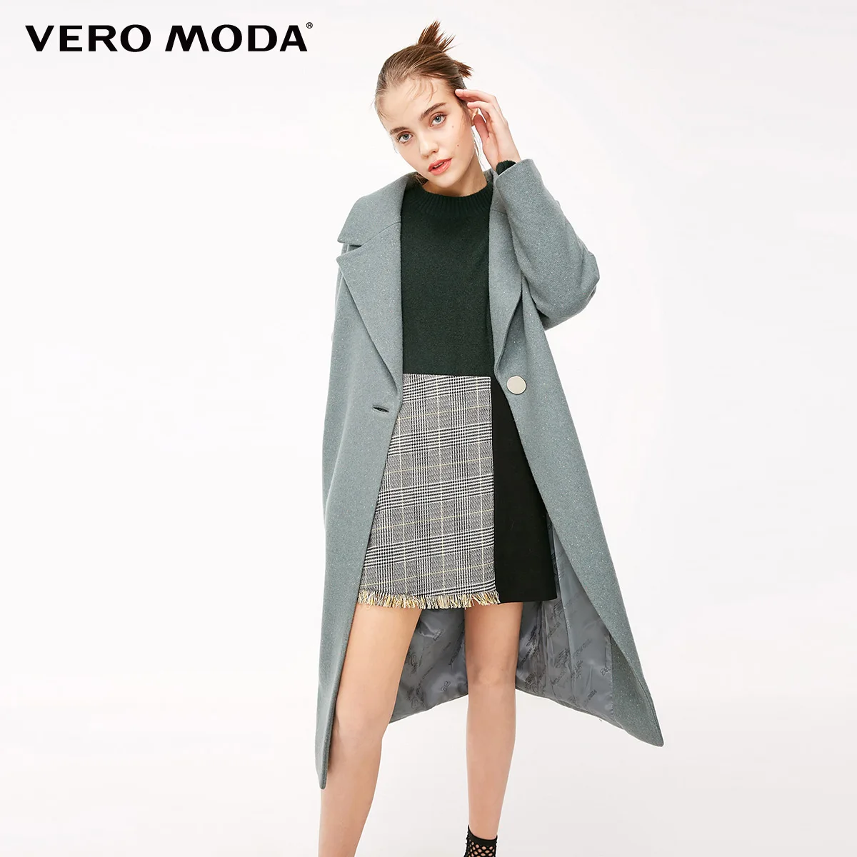 Vero Moda пальто женское Женское шерстяное пальто на пуговицах с отворотом и укороченным рукавом | 318327509 - Цвет: Balsam green mel.