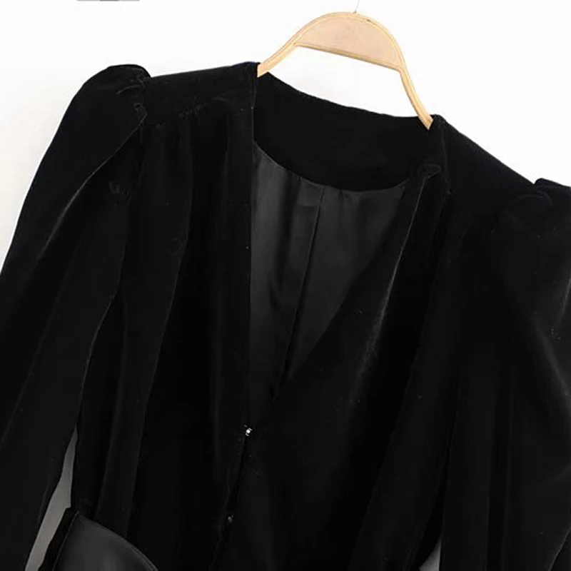 remarkable  Women Velvet Jacket Elegant Lady Deep V Neck Big Bow Sashes Long Puff Sleeve Coat Winter Chic Femal