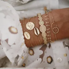 6 шт./партия, богемные модные браслеты, в форме листа, в виде ракушки, геометрический браслет на цепочке, набор женских очаровательных пляжных, вечерние ювелирные изделия, аксессуары