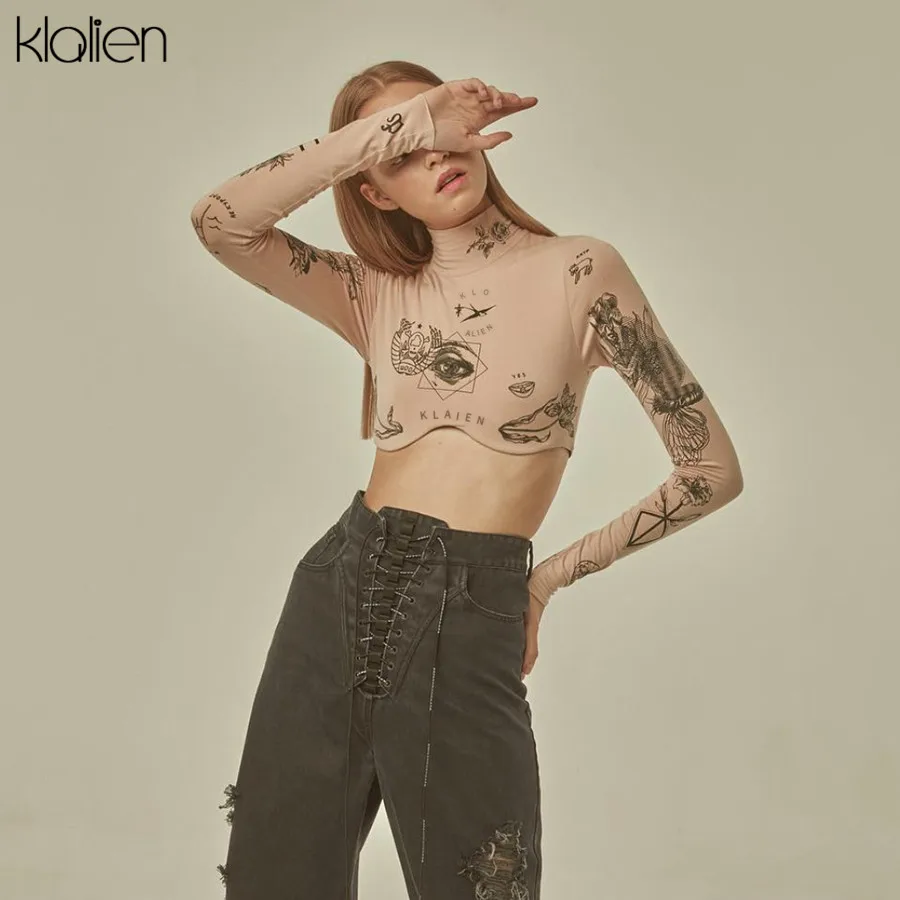

KLILAEN Harajuku basic printed full-sleeve crop tops women2019 autumn hot irregular cut design punk street casual t-shirt mujer