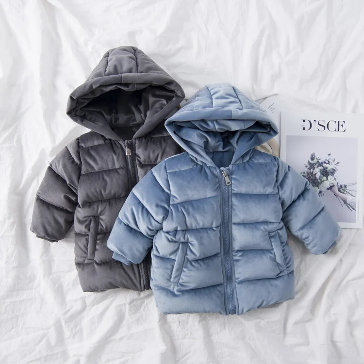 Однотонное зимнее бархатное пальто детская зимняя одежда унисекс для мальчиков и девочек пуховая хлопковая верхняя одежда пальто с капюшоном