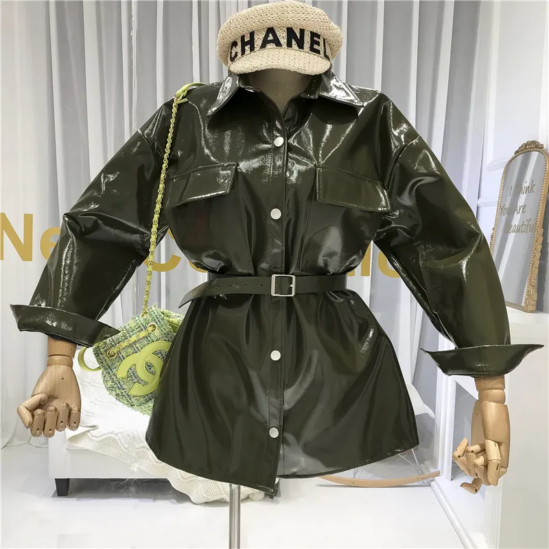 Ideal ALPHALMODA Autumn 2019 New Designer's Eye-catching Belt-tied Bright PU Leather Garment Mid-long Coa