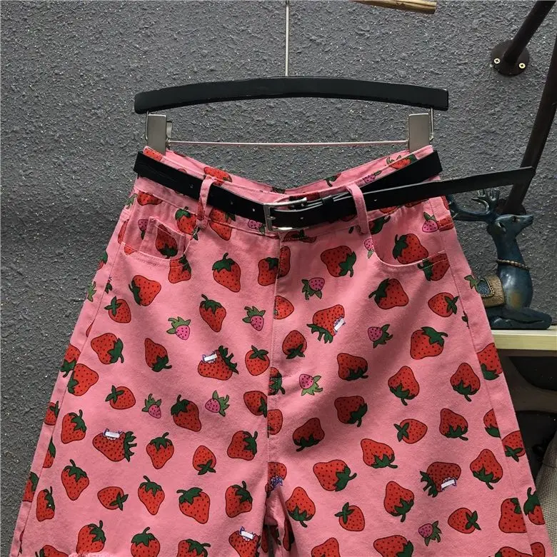 soffe shorts Pink Strawberry Print Knee Length Jeans Women 2021 New Summer Fashion All-match High Waist Loose Straight Shorts Wide Leg bike shorts