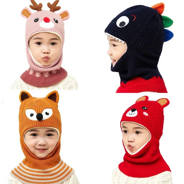 Doitbest Boy Girl Beanie Protect neck Dinosaur Fox Bear Windproof Winter Knit Hat Child Girls Earflap Caps For 2 to 7 Years Old 1