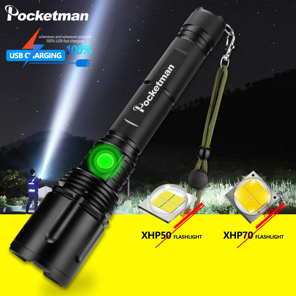 

Powerful LED Flashlight 7000LM XHP70.2 Rechargeable Torch XHP50 USB Zoom Lantern XHP70 Hunting Lamp Fishing Use 26650