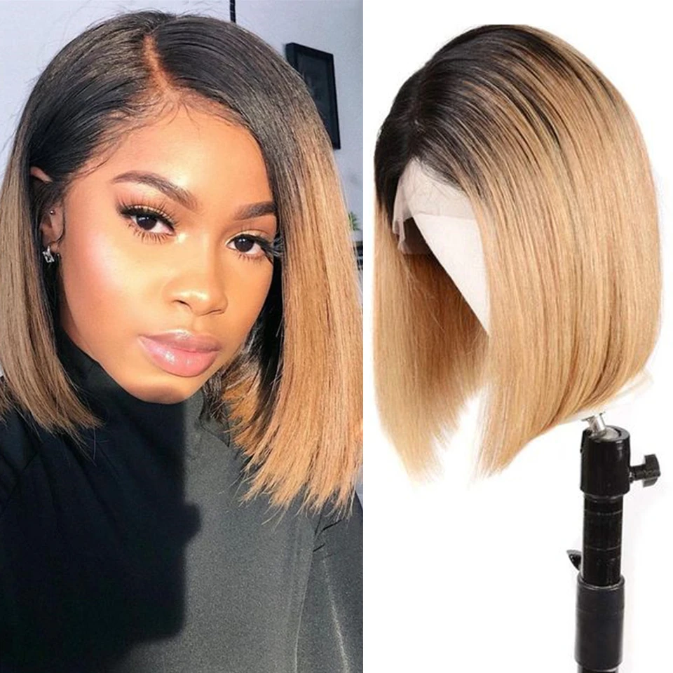 

Brazilian 4x4 Blonde Bob Closure Wig Preplucked Ombre 1B 27 Straight Short Bob Wig 13x4 Remy Lace Front Human Hair Wigs 180%