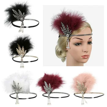 

Feather Rhinestone Headband Vintage Bead Headdress for Church Party Women Lady IK88