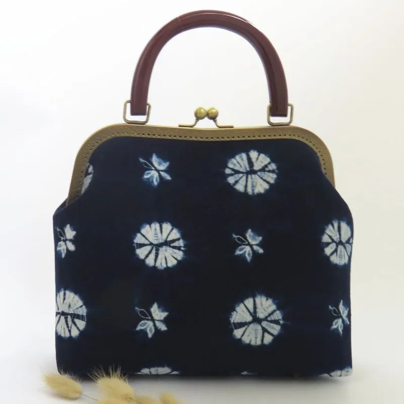 

Handmade Ancient Style Chinese Elements Chinese Clothes Cross-Body National Style Retro Gold Bag Flag Plant Blue Dyed Robe Bag
