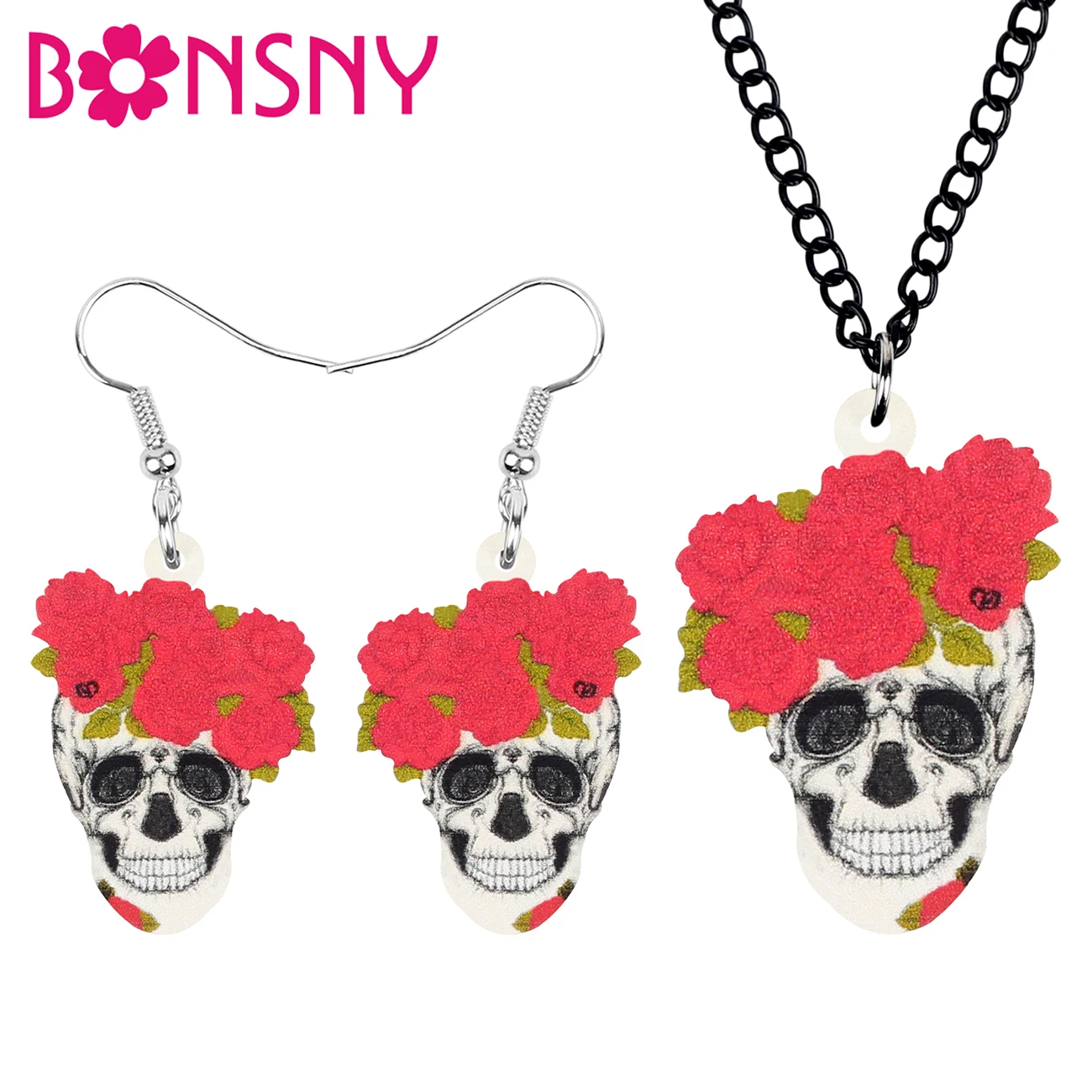 Bonsny Акриловые Ювелирные наборы для Хэллоуина с цветком и черепом длинное