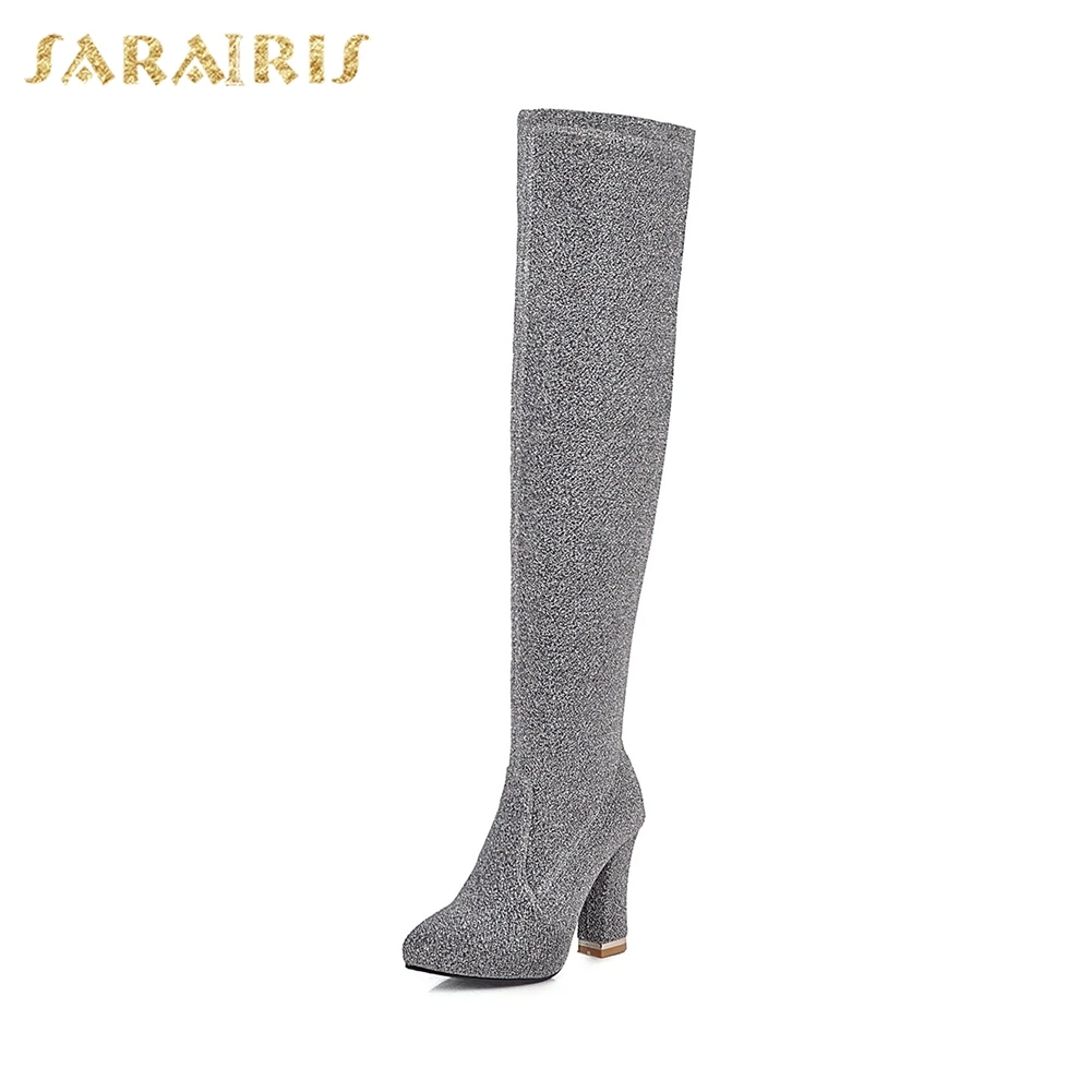 

Sarairis New Sexy Party Wedding Knee High Boots Women 2019 Autumn Winter Warm Add Fur Boots High Heels Shoes Woman 34-43