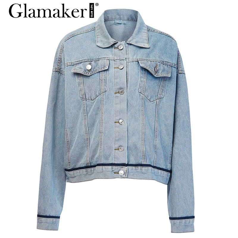 Синий Glamaker, Синие сексуальные джинсовые куртки с заниженным плечом, женские джинсовые куртки с длинным рукавом в стиле пэчворк, джинсовые куртки с кисточками, осенне-зимняя Свободная куртка - Цвет: Синий