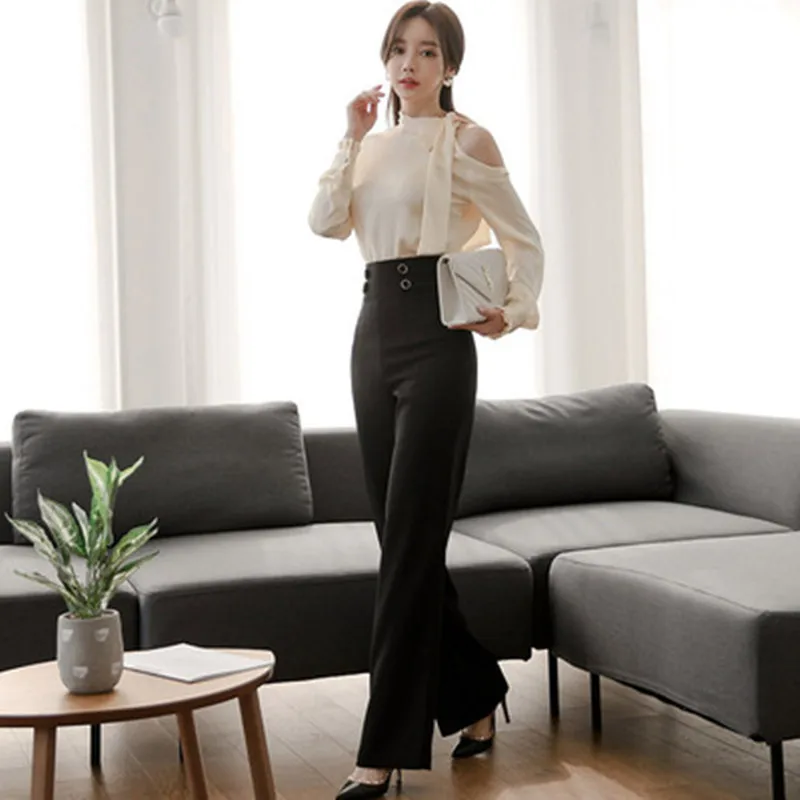 

2020 Autumn New Temperament Slim Lace-up Off Shoulder Shirt Top + Fashion High Waist Long Pants Business 2 Pieces Suits