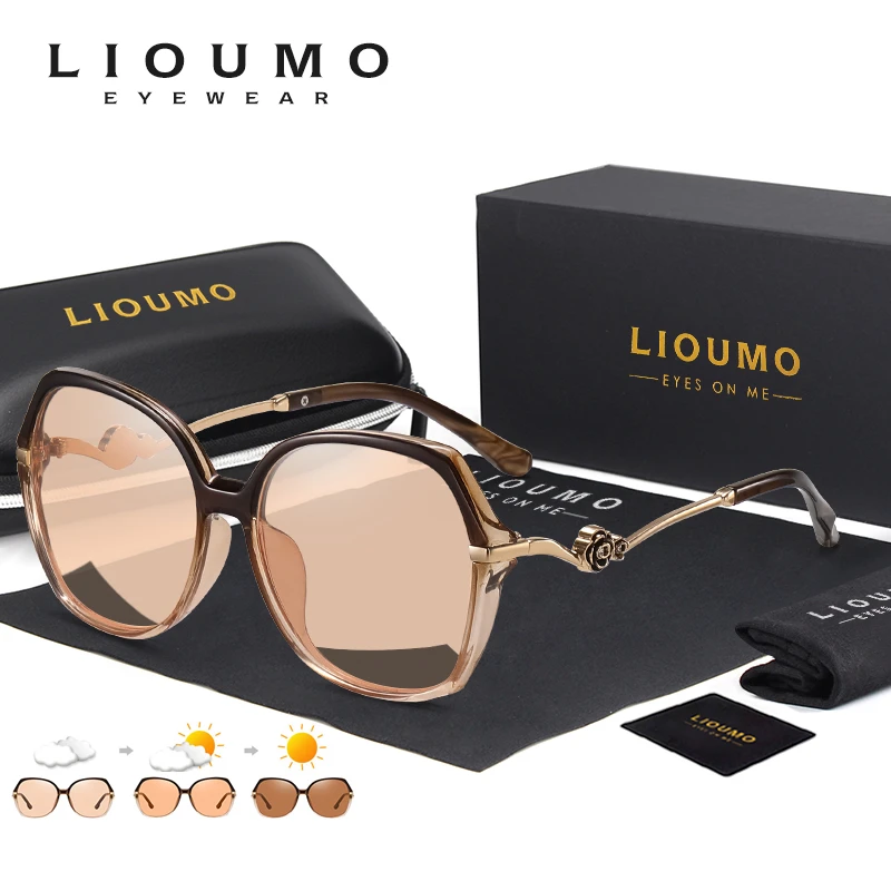 LIOUMO Brand Women Polarized Sunglasses Photochromic Design Big Frame Elegant Lady Sun Glasses Chameleon UV400 lunette de soleil cute sunglasses