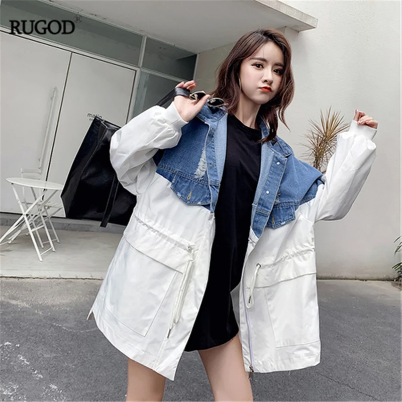 RUGOD 2019New осенне-зимние женские Лоскутные тренчи контрастного цвета с вышитым буквенным воротником на молнии корейское стильное джинсовое пальто