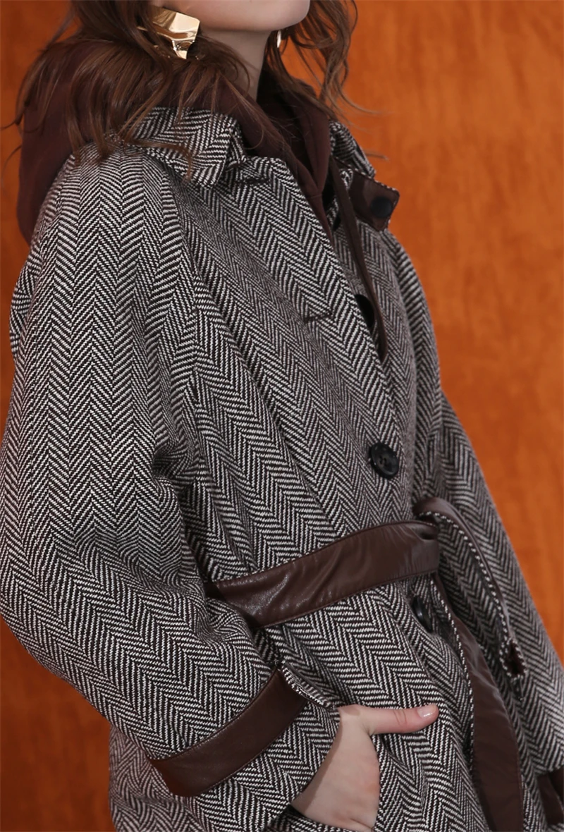 wool cotton blend twill women high grade long cardigan coat sheep leather spliced single breasted EU size S/M/L