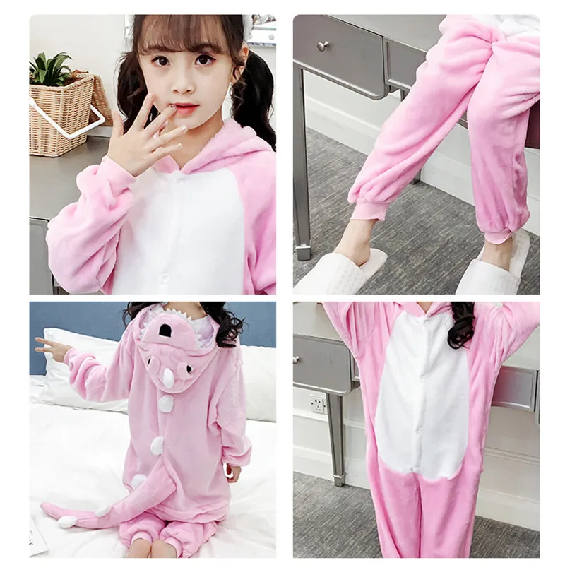 Kids Flannel Dinosaur Onesie Pajamas Costume For Girls Lovely Warm Cartoon Dinosaur Pyjamas Child Princess Dinosaur Blanket Robe