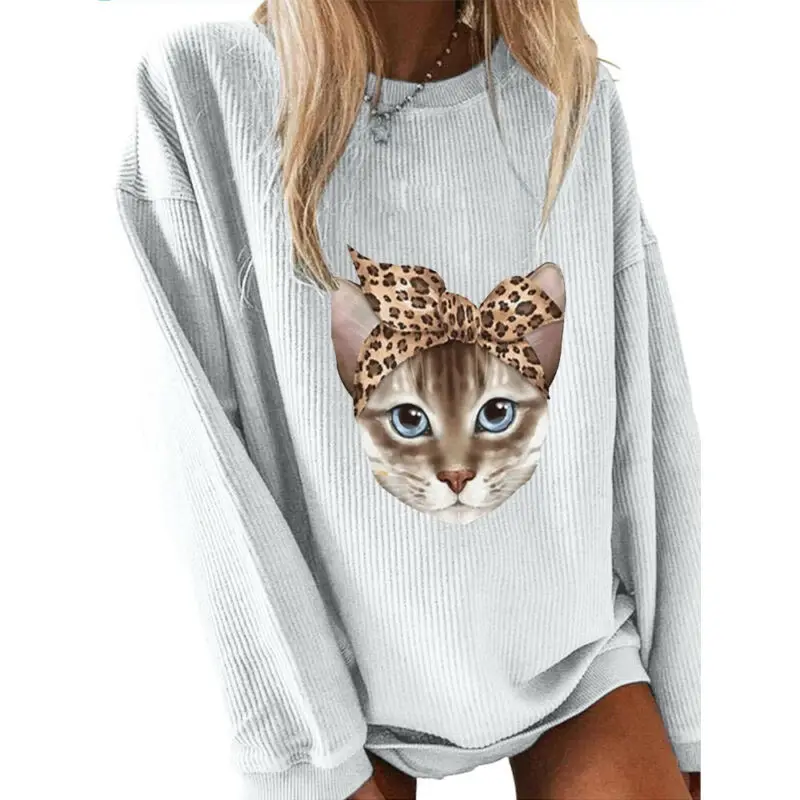 eiuEQIU Pullover Womens Cat Print Sweatshirt Long Sleeve Crew Neck Long Sleeve Shirt Autumn Winter Jumper Long Sleeve Sweatshirt Tops 