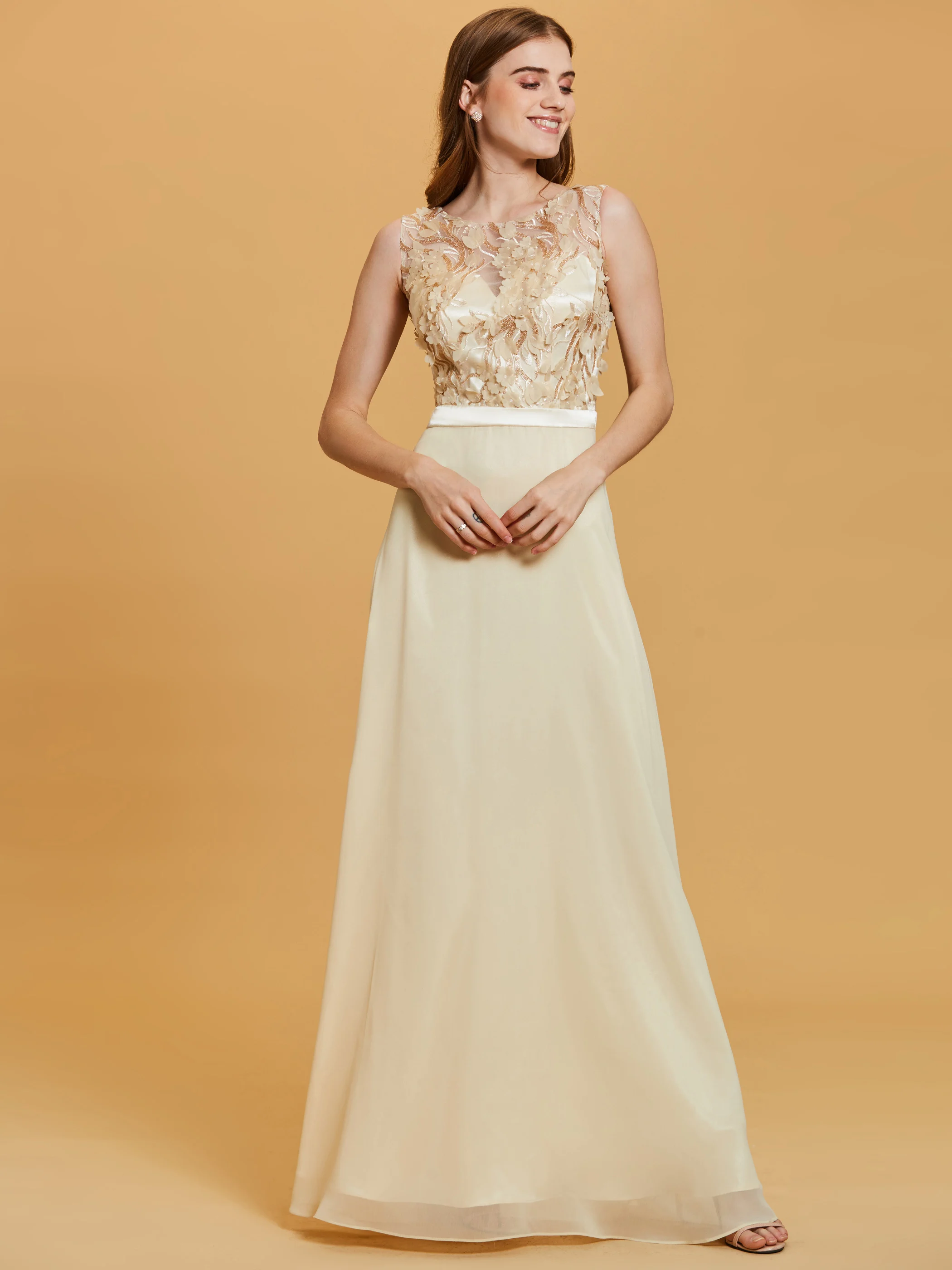 

Sequins Long Evening Dress Women Daffodil Flower Sleeveless A Line Formal Prom Party Dress Elegant Scoop Zipper Robe De Soiree