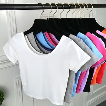 

Women Short Sleeve O-Neck Crop Top Solid Color Cotton High Waisted Slim T-Shirt