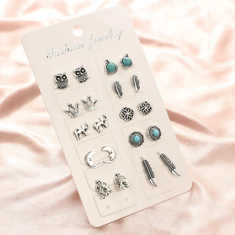 10Pairs/set Women Boho Silver Turquoise Earrings Set Jewelry Owl Crown Ear Stud