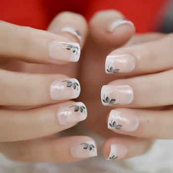 

Flower French Tips Ombre Nail Tips Pre-designed Short Squoval Shape Fake Nails Natural Shiny Glossy Manicure Tip kit 24